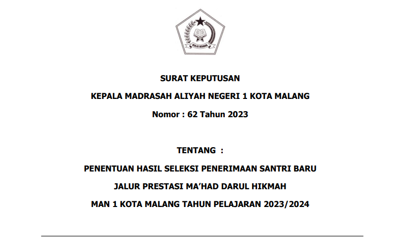 HASIL SELEKSI PENERIMAAN SANTRI BARU JALUR PRESTASI MAHAD DARUL HIKMAH