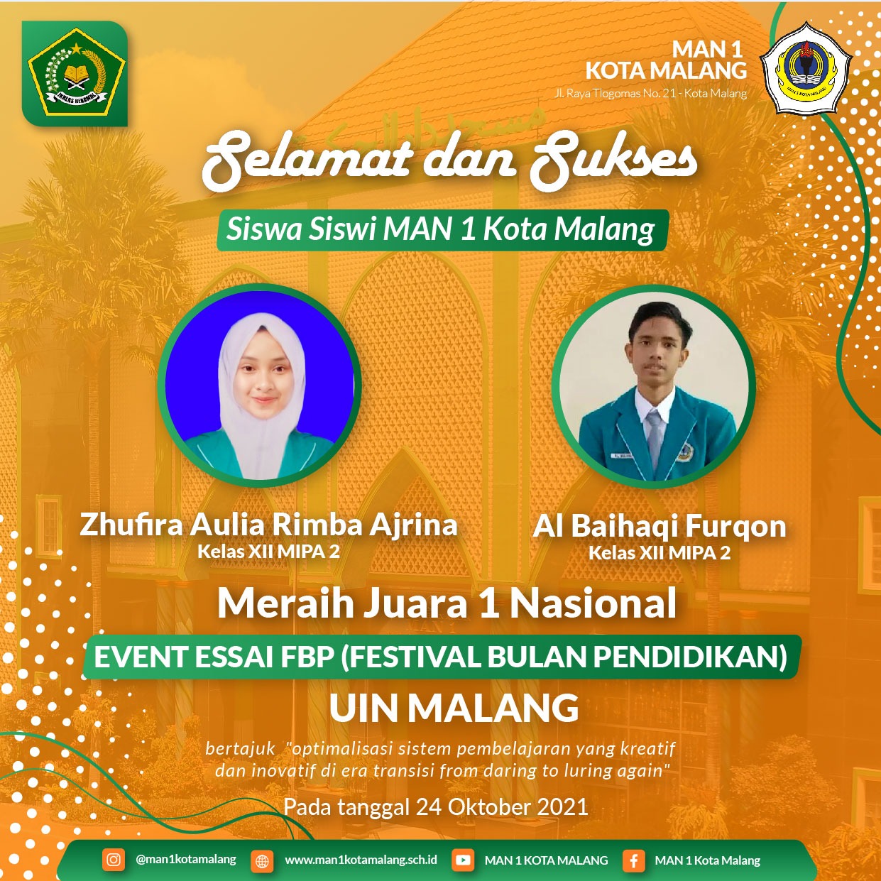 MAN 1 KOTA MALANG RAIH JUARA LOMBA ESAI